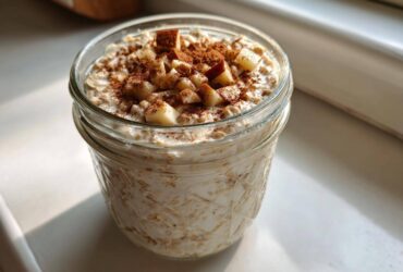 Close-up of apple cinnamon overnight oats in a glass jar, topped with diced apples and cinnamon powder.