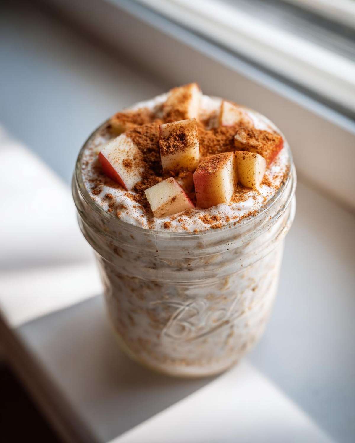 Close-up of apple cinnamon overnight oats in a mason jar, topped with diced apples and cinnamon.