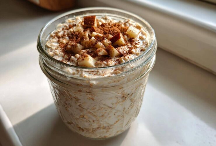 Close-up of apple cinnamon overnight oats in a glass jar, topped with diced apples and cinnamon powder.