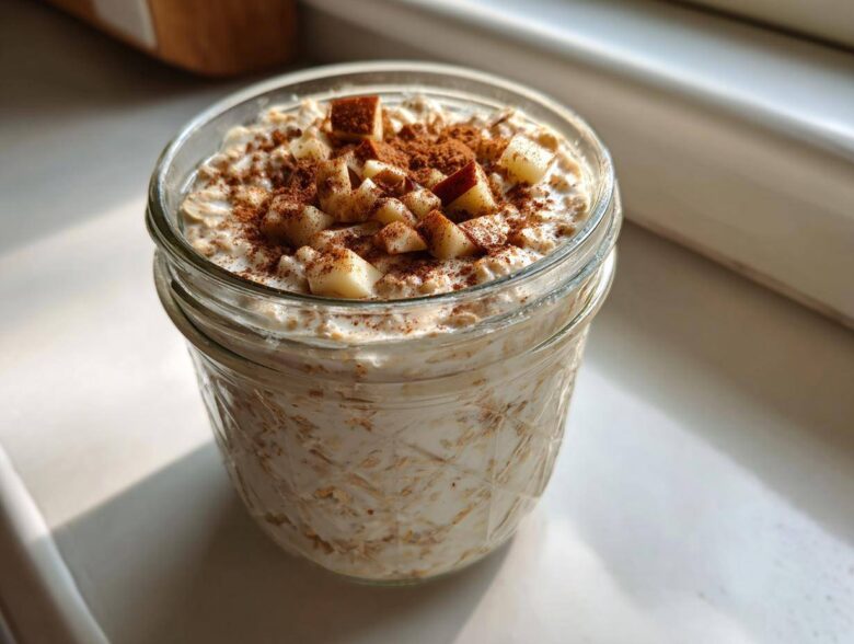 Close-up of apple cinnamon overnight oats in a glass jar, topped with diced apples and cinnamon powder.