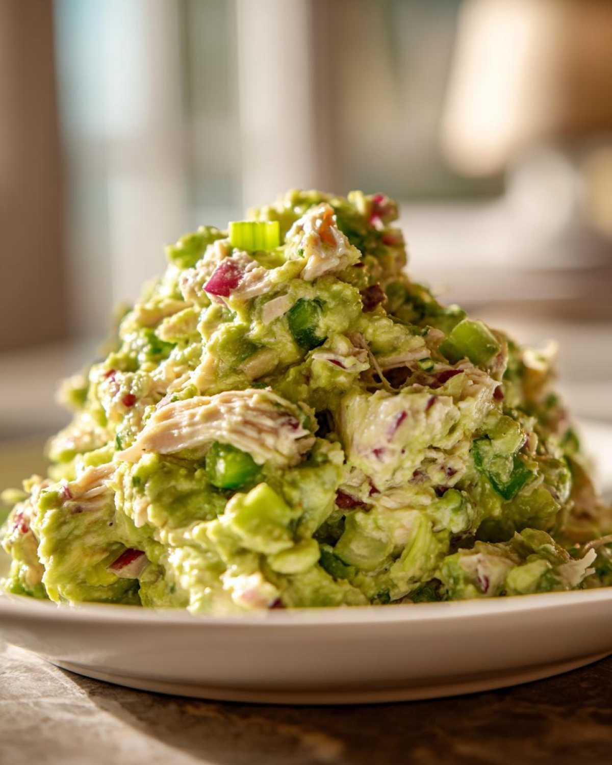 Close-up of a mound of creamy, bright green avocado chicken salad with visible chunks of chicken and red onion.