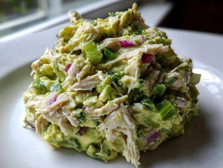 Close-up of a mound of creamy avocado chicken salad featuring shredded chicken, diced red onion, and celery.