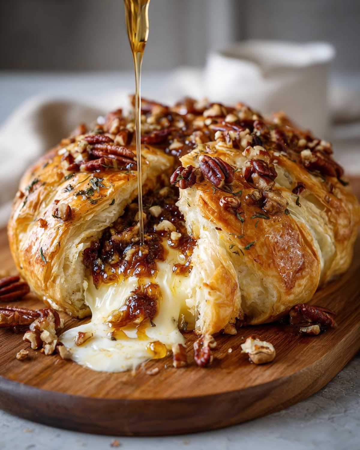 Close-up of baked brie in puff pastry oozing melted cheese while honey is drizzled over pecans.