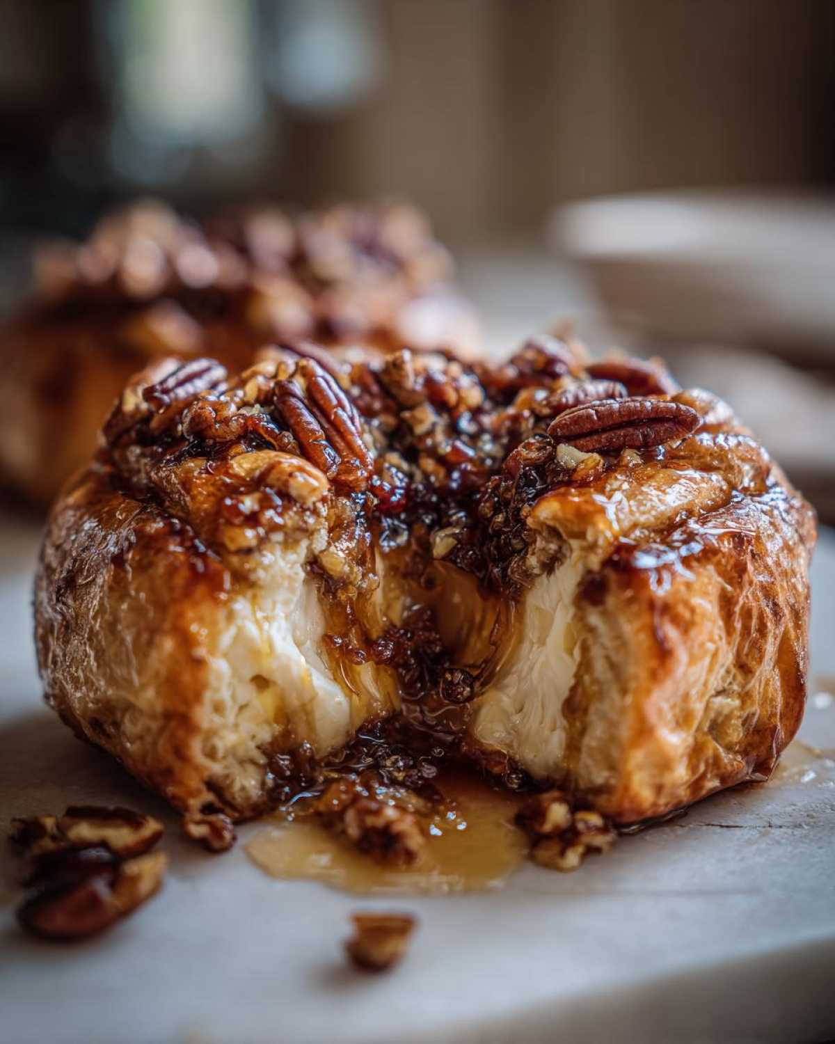 Close-up of baked brie in puff pastry cut open, revealing melted cheese and sticky pecan topping.