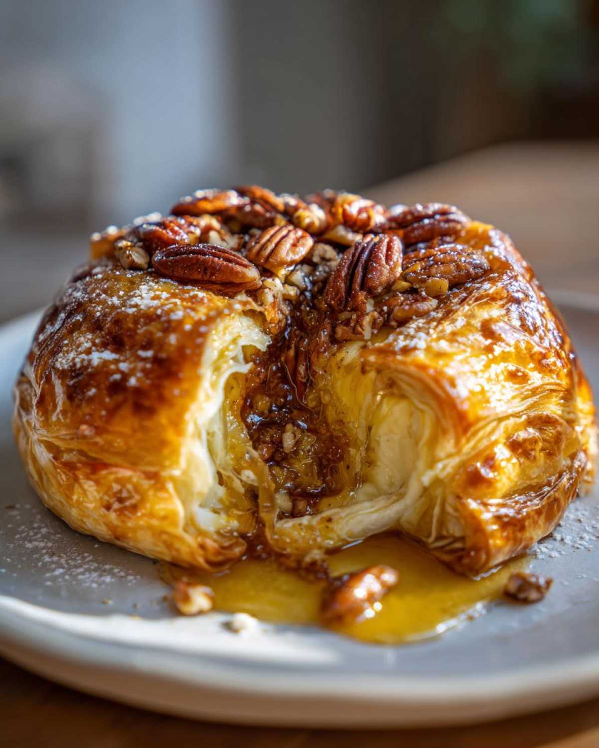 A warm baked brie in puff pastry, cut open to show the melted cheese and pecan topping oozing out onto the plate.