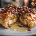 A warm, golden baked brie in puff pastry cut open, oozing melted cheese and topped with honey and pecans.