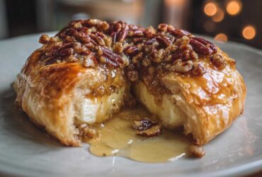 A warm, golden baked brie in puff pastry cut open, oozing melted cheese and topped with honey and pecans.