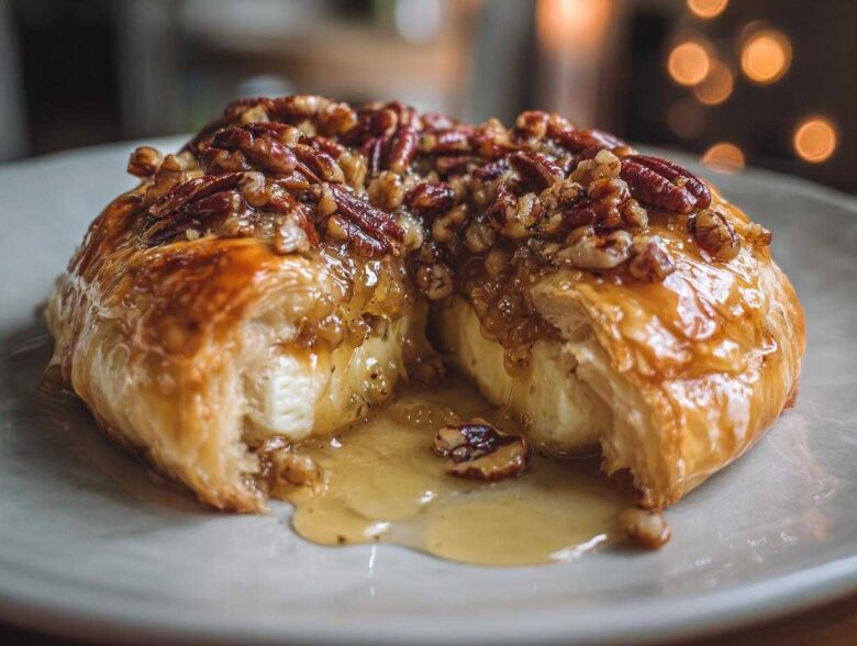 A warm, golden baked brie in puff pastry cut open, oozing melted cheese and topped with honey and pecans.