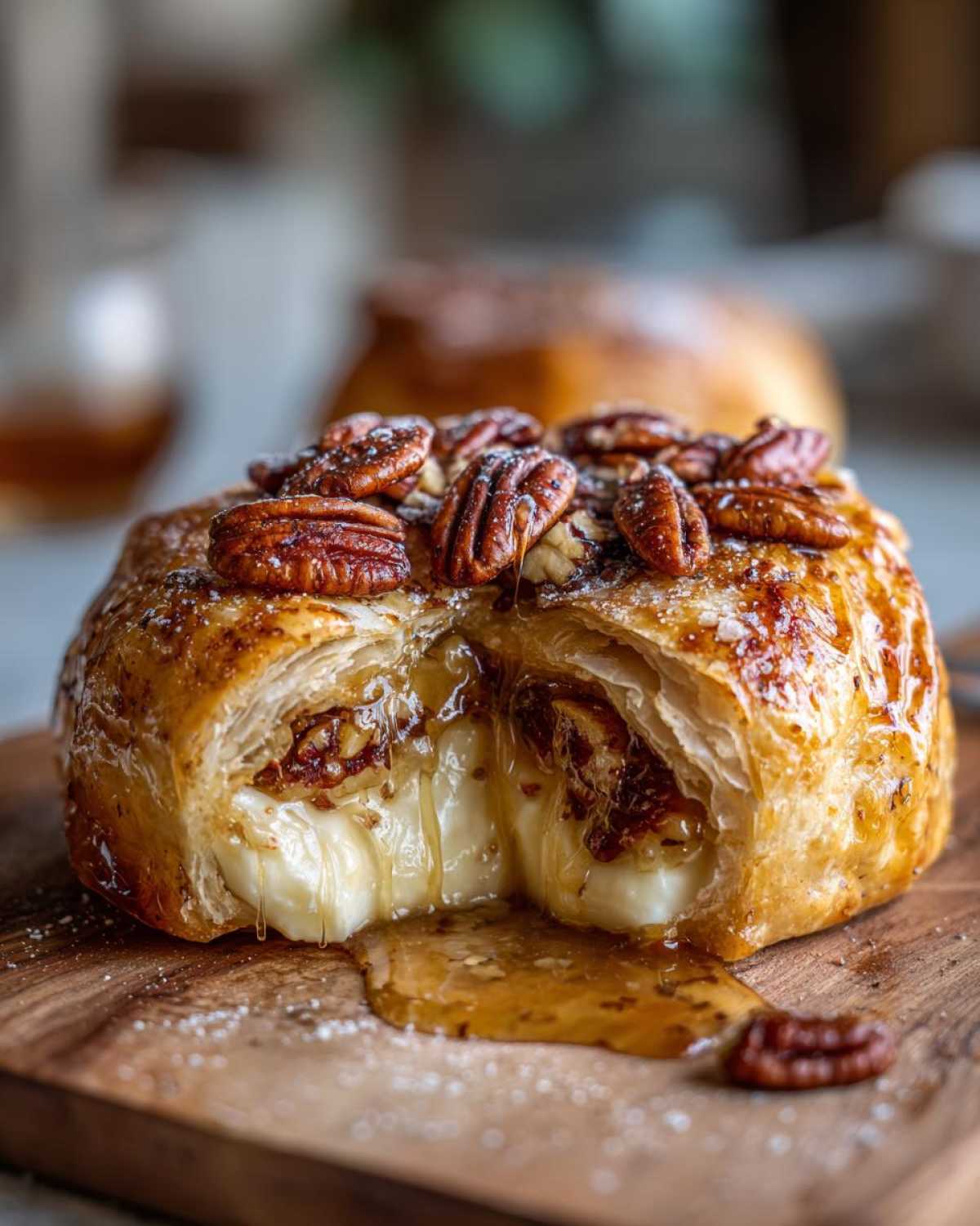 Close-up of baked brie in puff pastry cut open, showing melted cheese and honey-glazed pecans.
