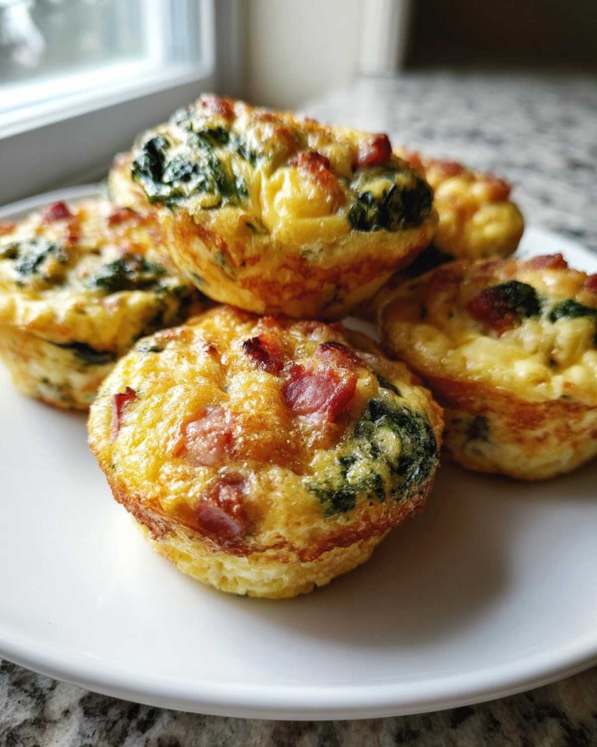 Close-up of several baked egg bites made with egg, bacon, and spinach, served on a white plate.
