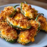 Close-up of baked jalapeño poppers stuffed with melted cheese and topped with crispy breadcrumbs.