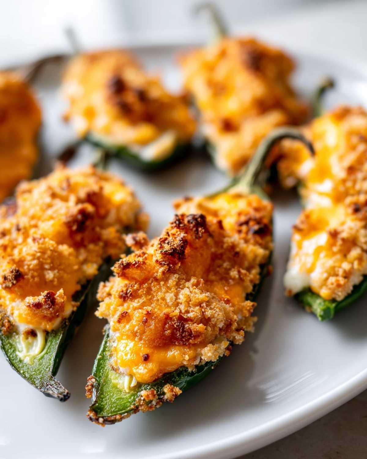 Close-up of baked jalapeño poppers stuffed with cheese and topped with a golden, crispy breadcrumb crust.