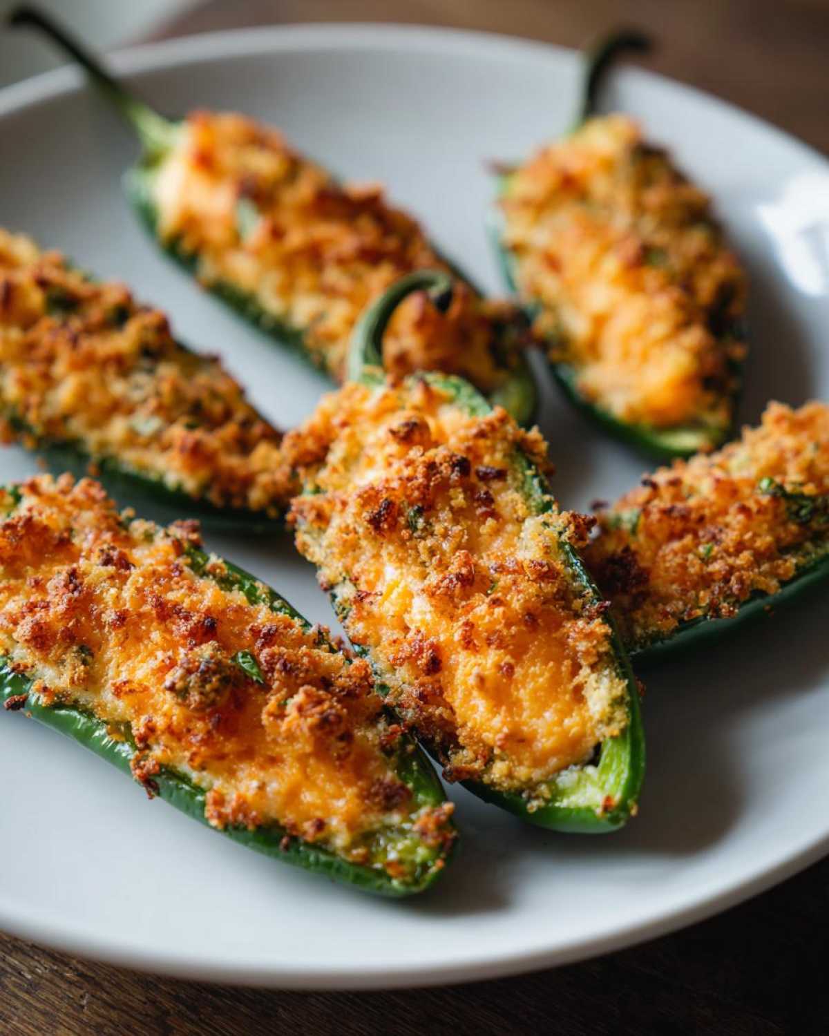 Close-up of baked Jalapeño poppers, halved and filled with cheesy topping and crispy breadcrumbs.