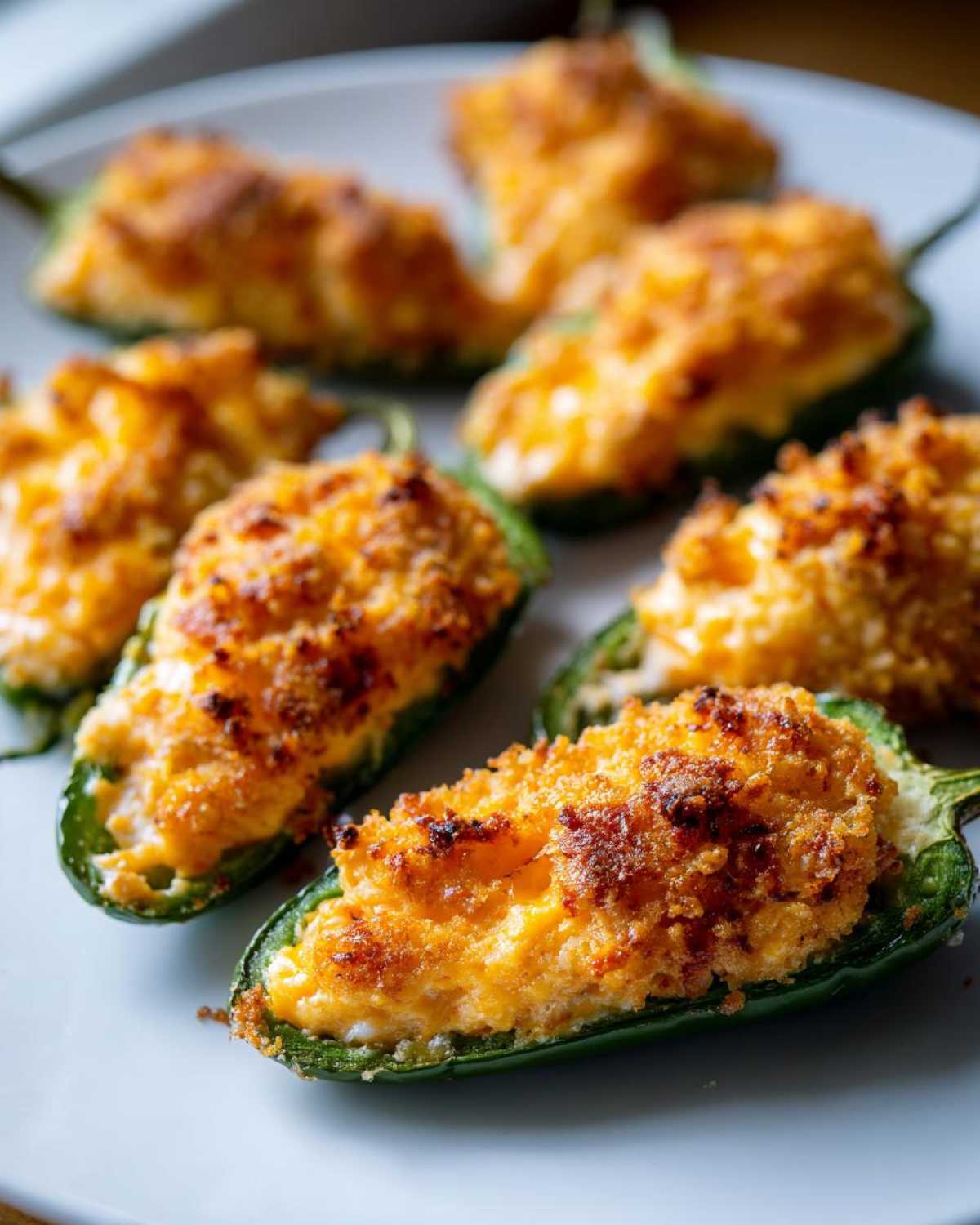 Close-up of several baked jalapeño poppers filled with cheese and topped with a golden, crispy crust.