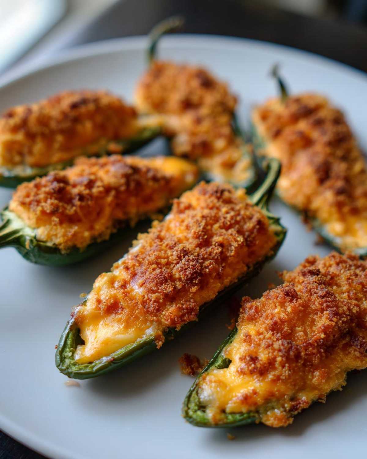 Close-up of several baked jalapeño poppers stuffed with cheese and topped with golden brown breadcrumbs.