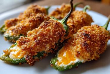 Close-up of baked jalapeño poppers with a golden, crispy coating and melted cheese filling.