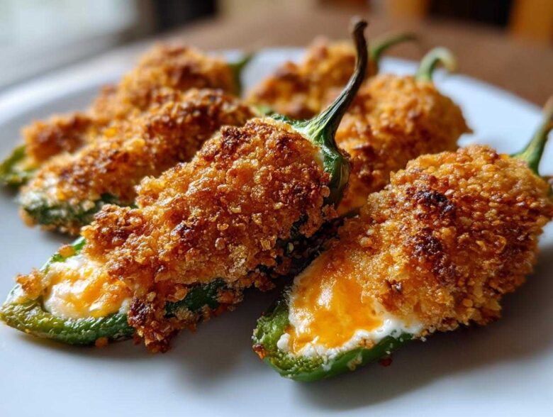 Close-up of baked jalapeño poppers with a golden, crispy coating and melted cheese filling.