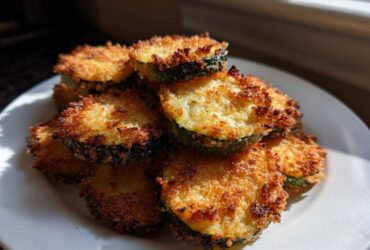 A pile of golden brown, crispy baked parmesan zucchini slices stacked on a white plate.