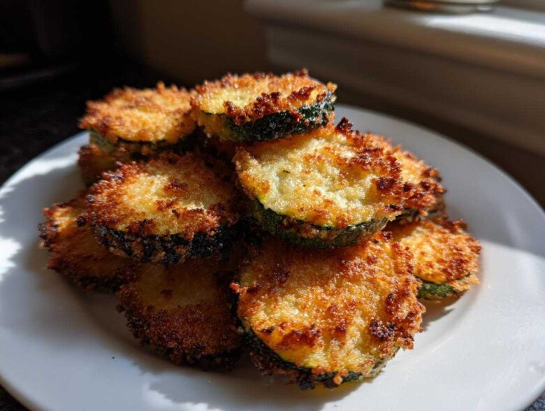 A pile of golden brown, crispy baked parmesan zucchini slices stacked on a white plate.