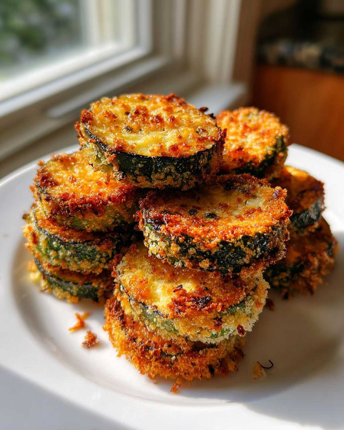 A stack of golden brown, crispy baked parmesan zucchini slices piled on a white plate near a window.