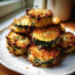 A stack of perfectly golden brown baked parmesan zucchini slices on a white plate.