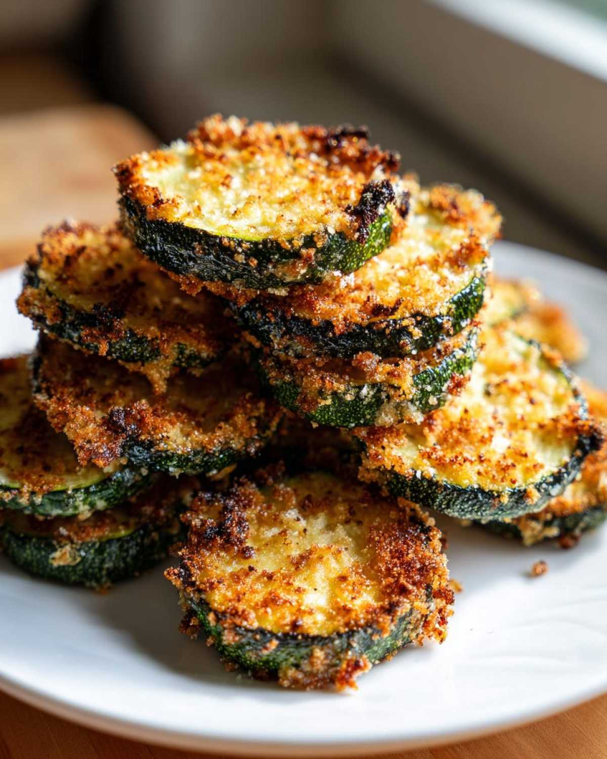 Close-up of a stack of crispy, golden brown baked parmesan zucchini slices on a white plate.