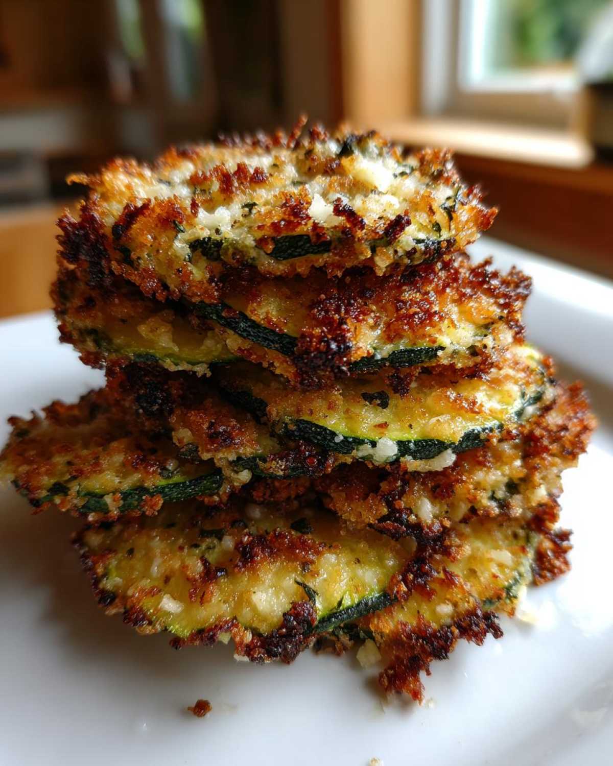 A stack of five golden-brown, crispy baked parmesan zucchini slices piled high on a white plate.