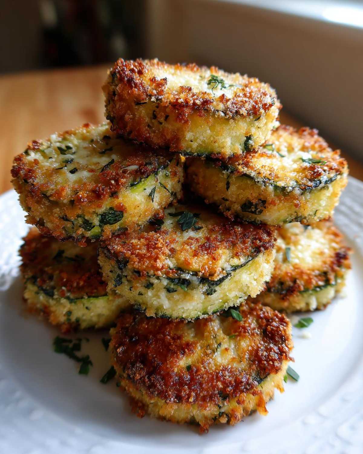 Stack of golden brown, crispy baked parmesan zucchini slices garnished with fresh herbs.