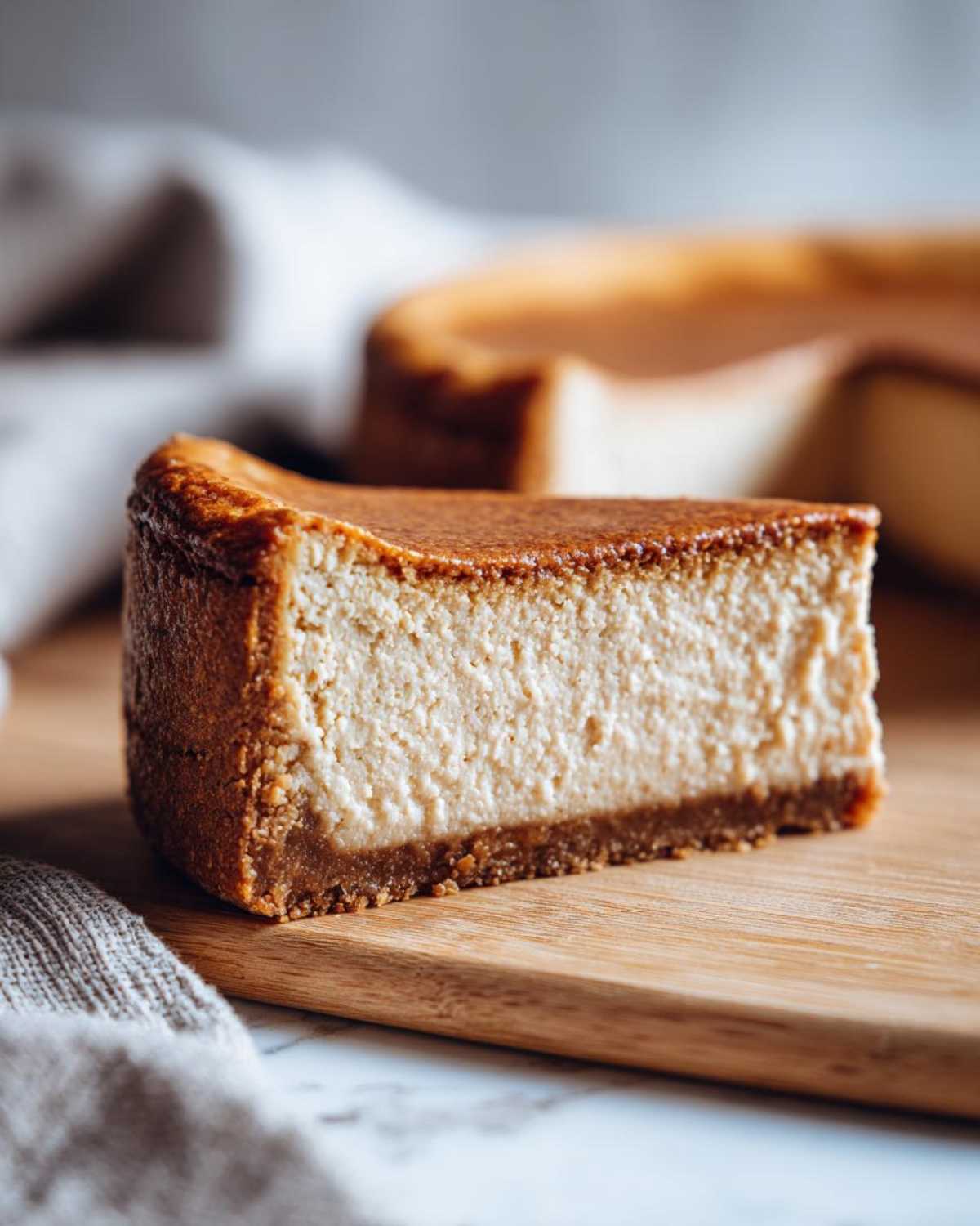 A thick slice of baked Protein Cheesecake with a golden-brown top and graham cracker crust resting on a wooden cutting board.