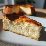 A thick slice of baked Protein Cheesecake with a creamy texture and a deeply browned top crust, served on a white plate.