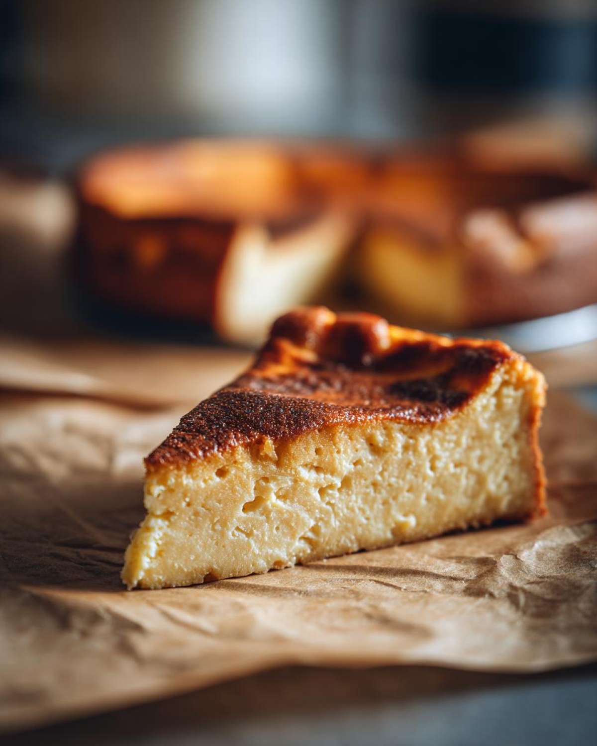 A close-up slice of baked Protein Cheesecake with a deeply caramelized top resting on brown parchment paper.