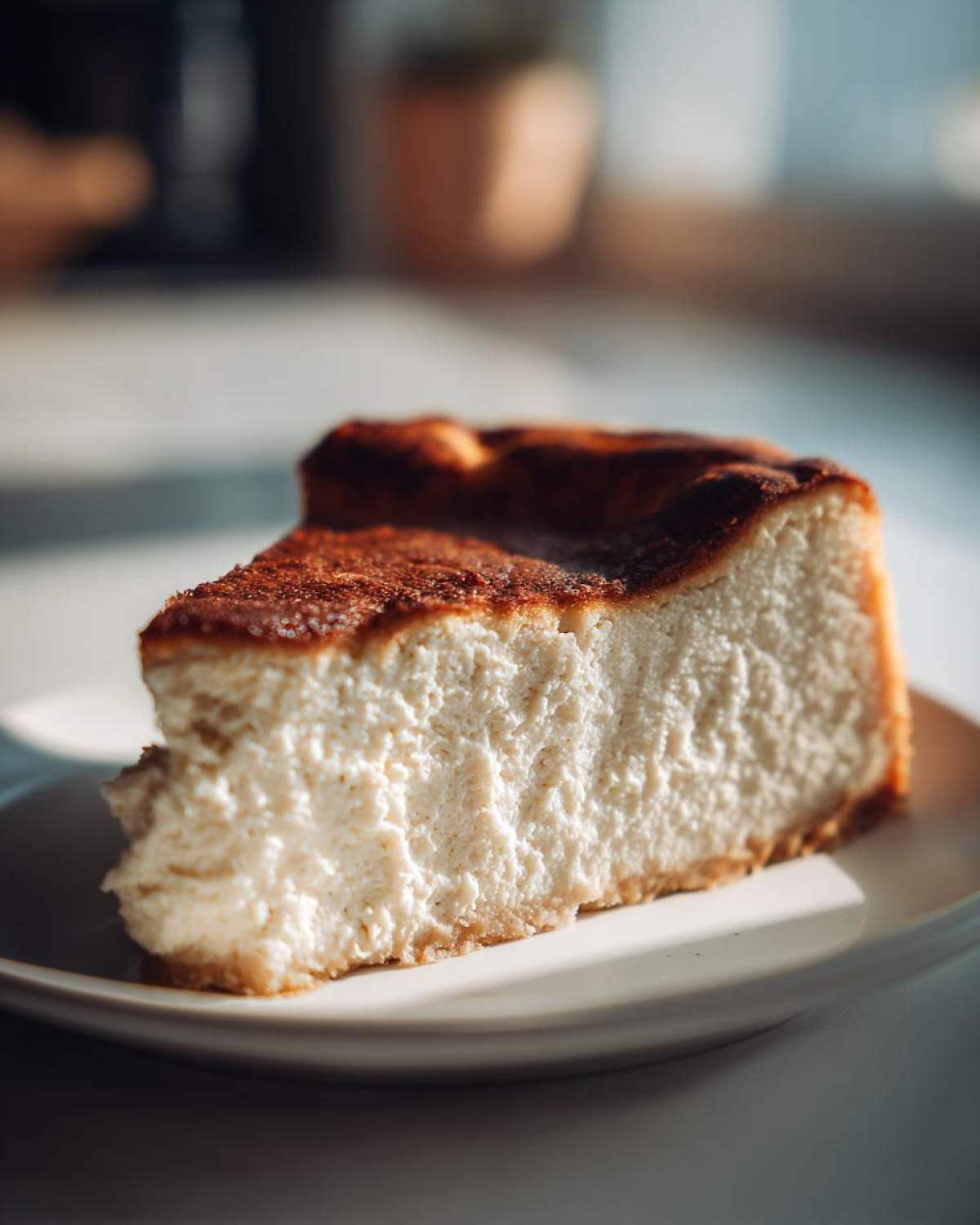 A thick slice of baked Protein Cheesecake with a creamy white interior and a deeply caramelized, slightly burnt top, resting on a white plate.