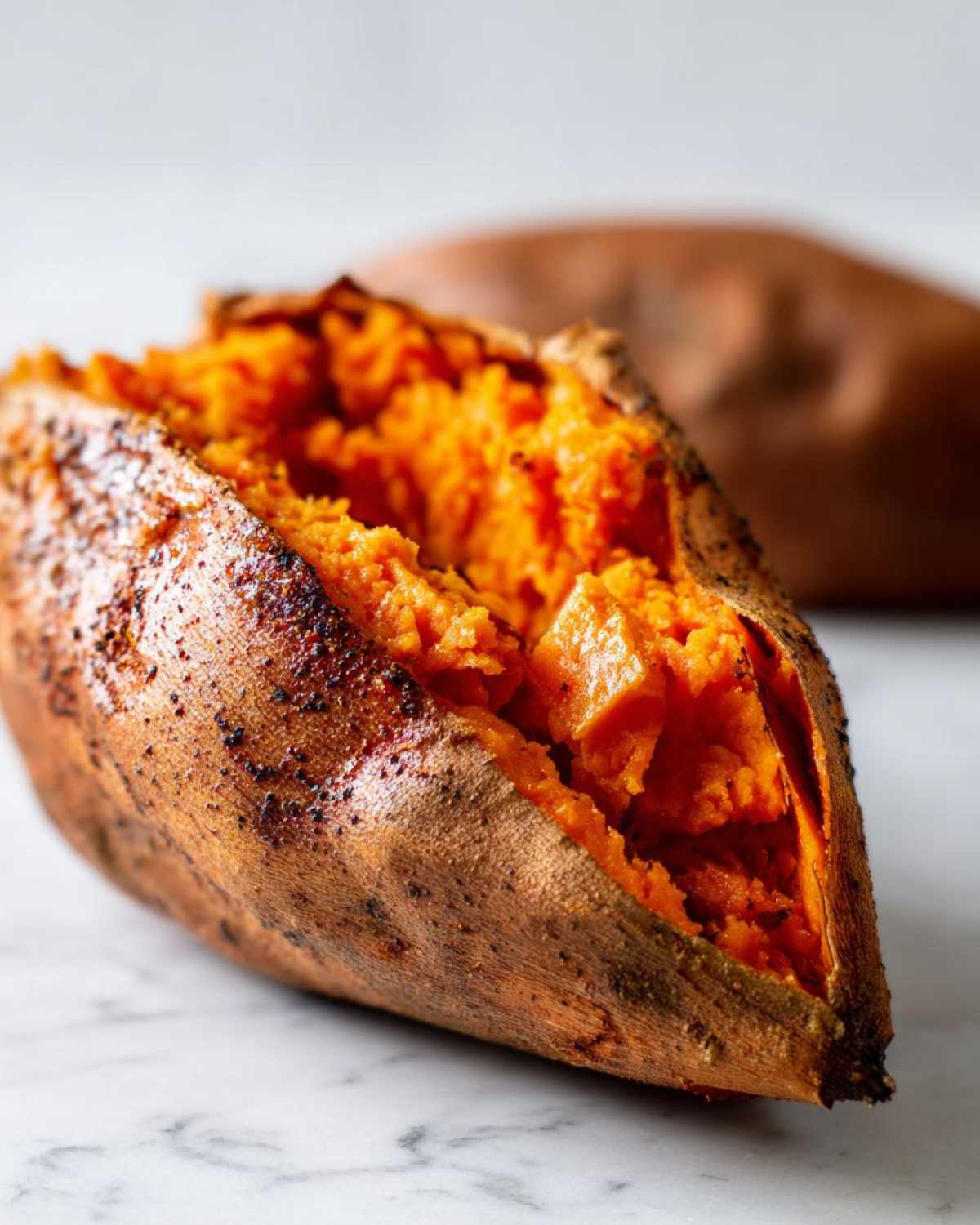 Close-up of a perfectly baked sweet potato split open, revealing its bright orange, fluffy interior.