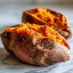 Close-up of a perfectly baked sweet potato, split open to show fluffy orange interior topped with savory seasoning.