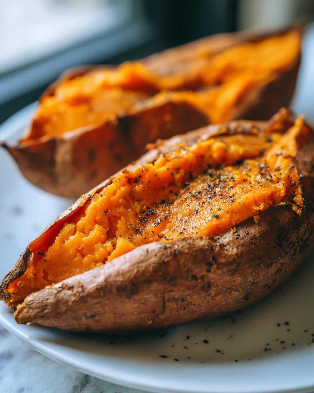 Close-up of a perfectly baked sweet potato, split open and seasoned with black pepper.
