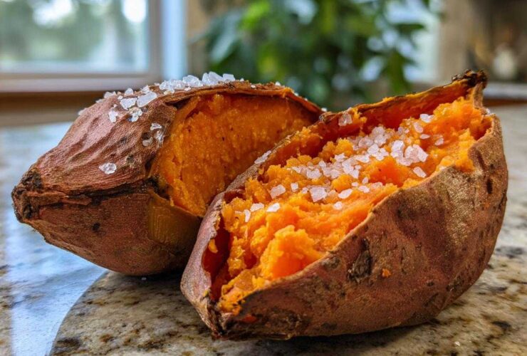 Two halves of a perfectly baked sweet potatoes, fluffy inside and topped with large flakes of sea salt.
