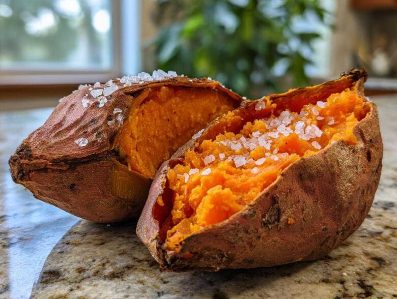 Two halves of a perfectly baked sweet potatoes, fluffy inside and topped with large flakes of sea salt.