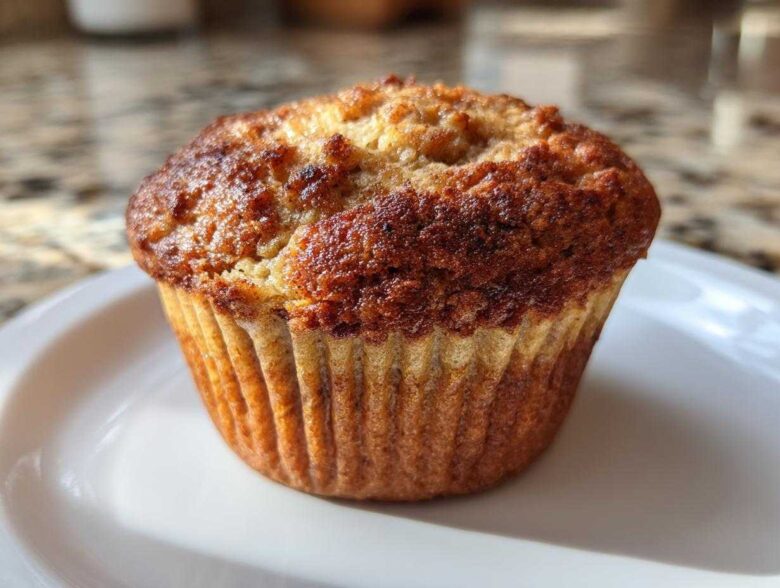 Close-up of a perfectly baked banana protein muffin with a deeply browned, slightly craggy top, sitting on a white dish.