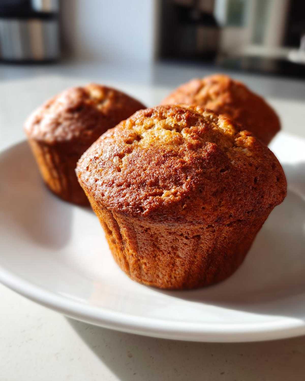 Three golden-brown banana protein muffins sitting on a white plate in bright sunlight.
