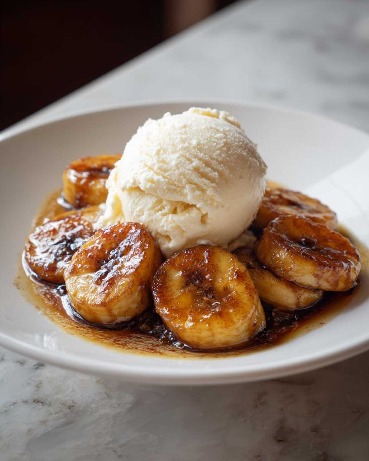 Close-up of caramelized bananas foster slices topped with a scoop of vanilla ice cream.