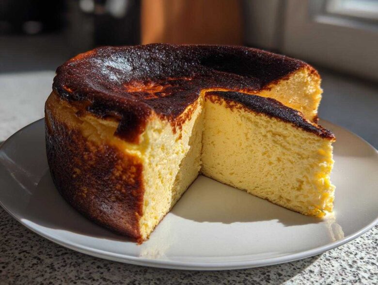 A whole Basque burnt cheesecake with a slice cut out, showcasing its creamy interior and dark caramelized top.