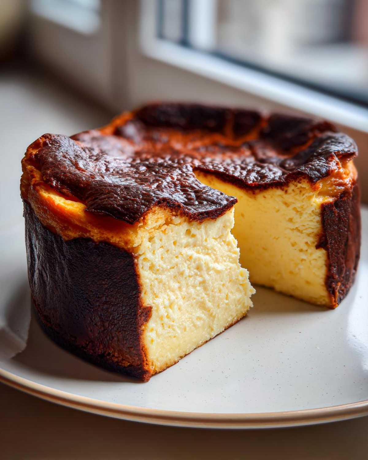 A creamy slice removed from a Basque burnt cheesecake showing its signature dark, caramelized exterior.