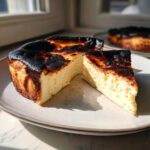 A slice of creamy Basque cheesecake with a deeply caramelized, almost burnt top, sitting next to the main cake.