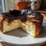 A slice removed from a creamy Basque cheesecake showing its signature dark, caramelized top and soft interior.