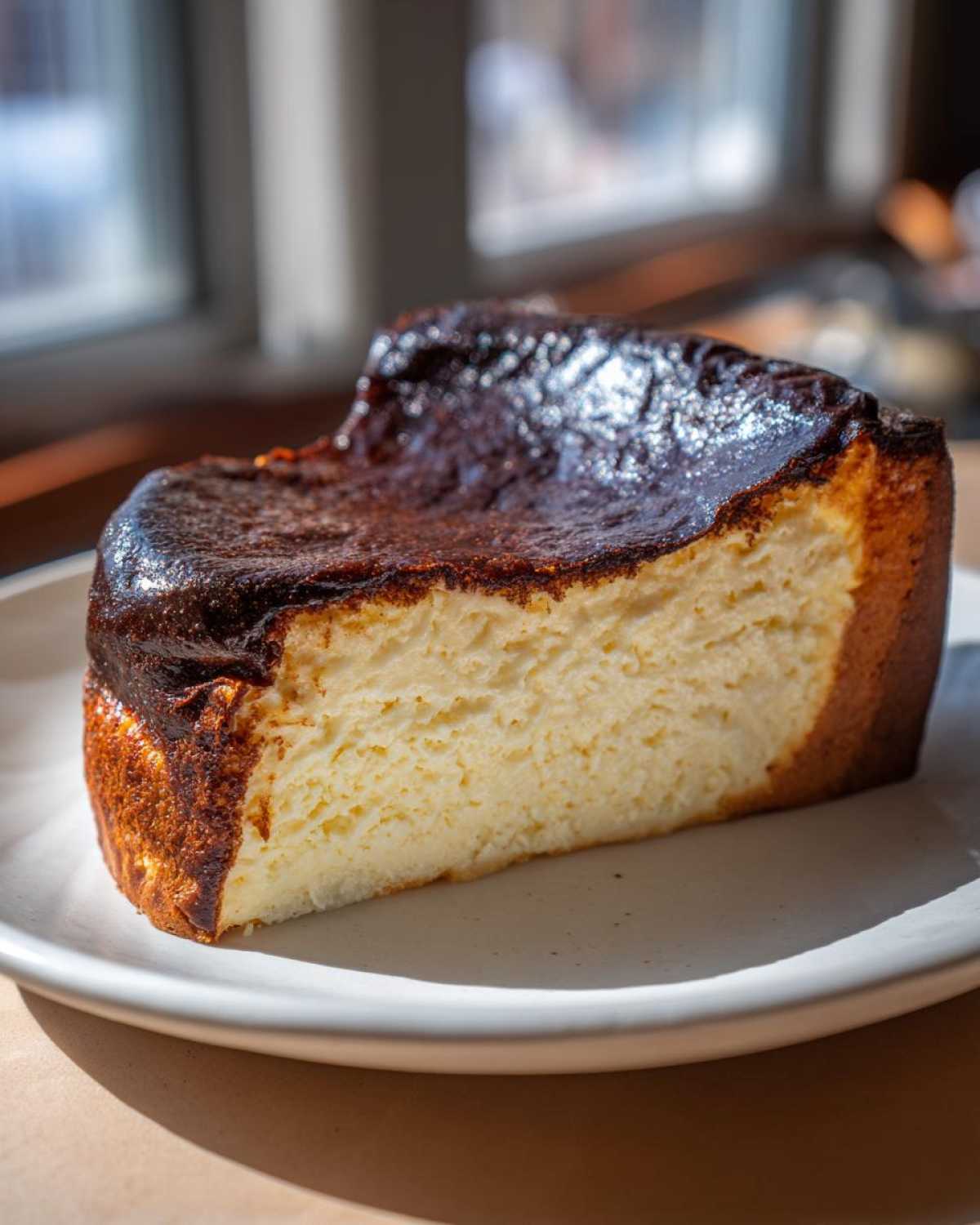A close-up slice of Basque cheesecake showing its creamy interior and signature dark, caramelized top.