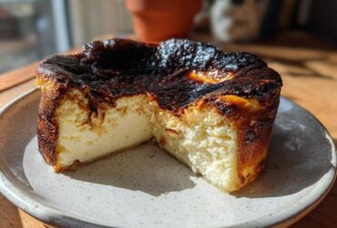 A slice removed from a creamy Basque cheesecake showing its signature dark, caramelized top and soft interior.