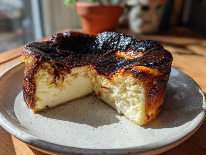 A slice removed from a creamy Basque cheesecake showing its signature dark, caramelized top and soft interior.