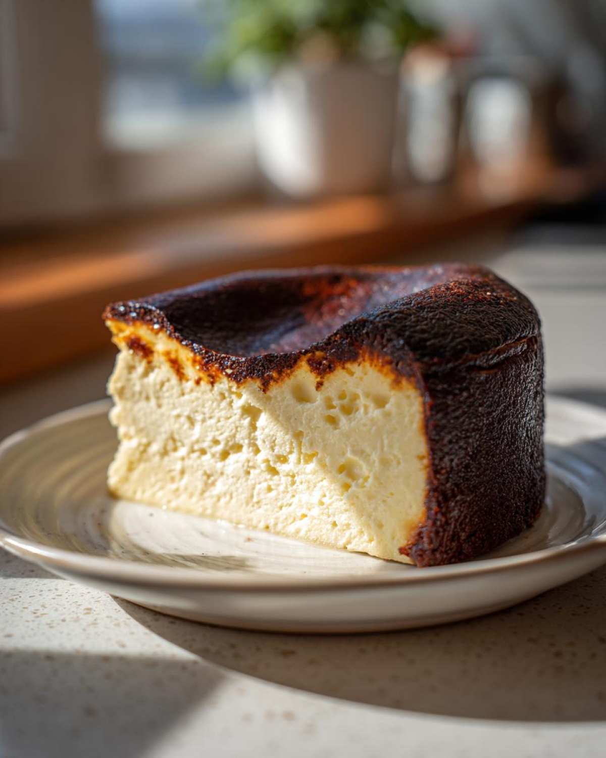 A thick slice of creamy Basque cheesecake with a deeply caramelized, burnt top, served on a light plate.