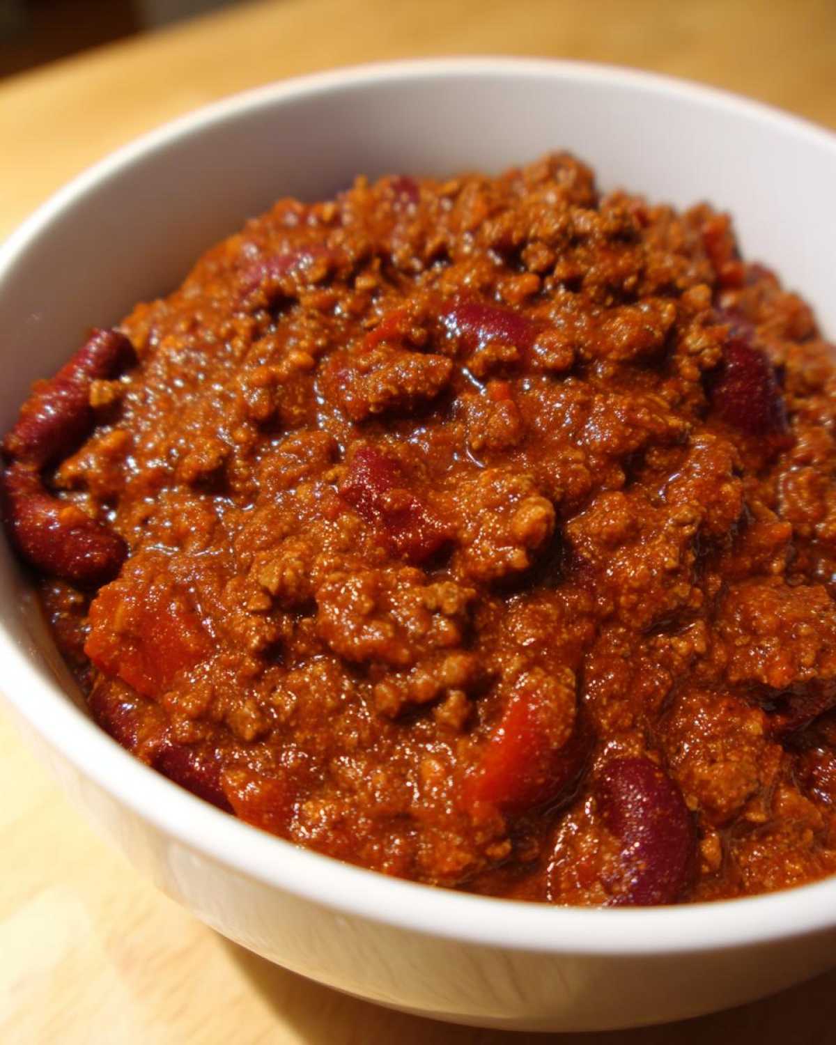 Close-up of a rich, thick bowl of chili featuring ground meat and kidney beans, part of the best chili recipe.