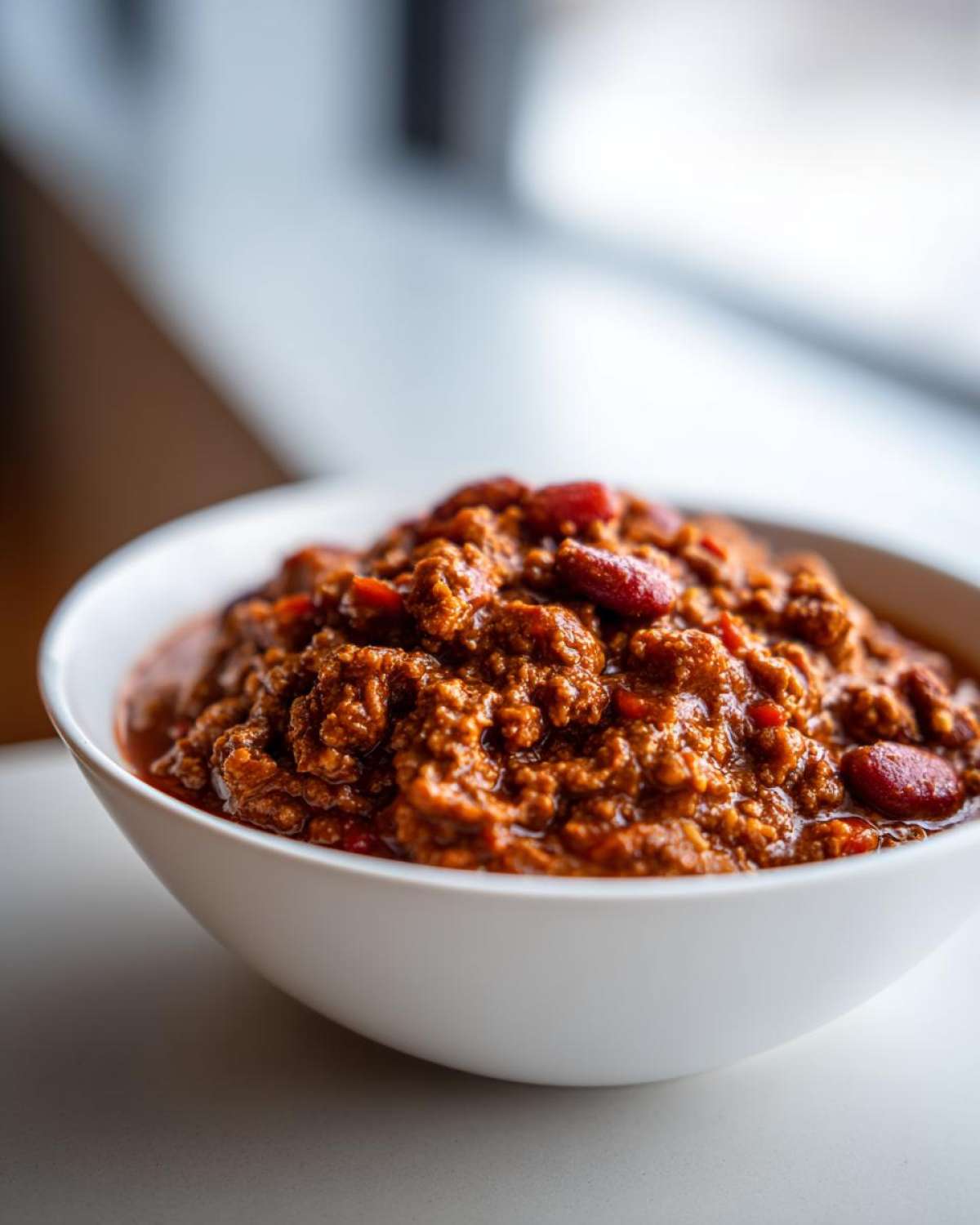 Close-up of a thick, rich bowl of the best chili recipe, featuring ground meat and visible kidney beans.